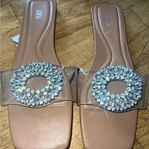 Zara Tan Crystal Embellished Sandals